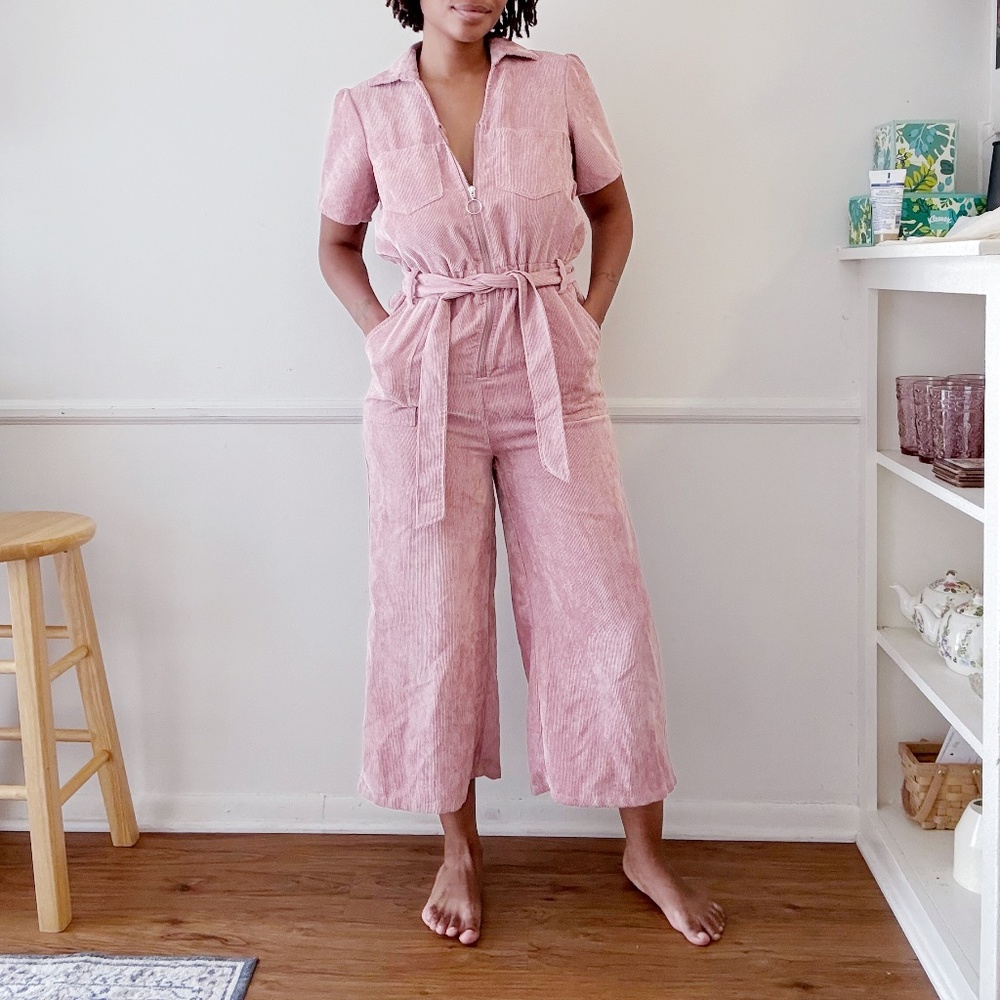 Sugarlips Pink Wide Leg Corduroy Utility Jumpsuit